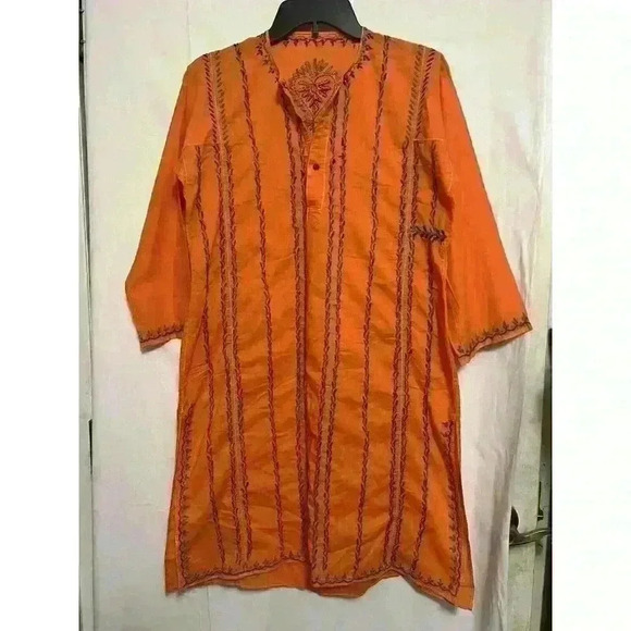 Orange Women Kurti Kurta Ethnic Sz Small Embroidered Tunic Dress Indian 0068 - Picture 1 of 7
